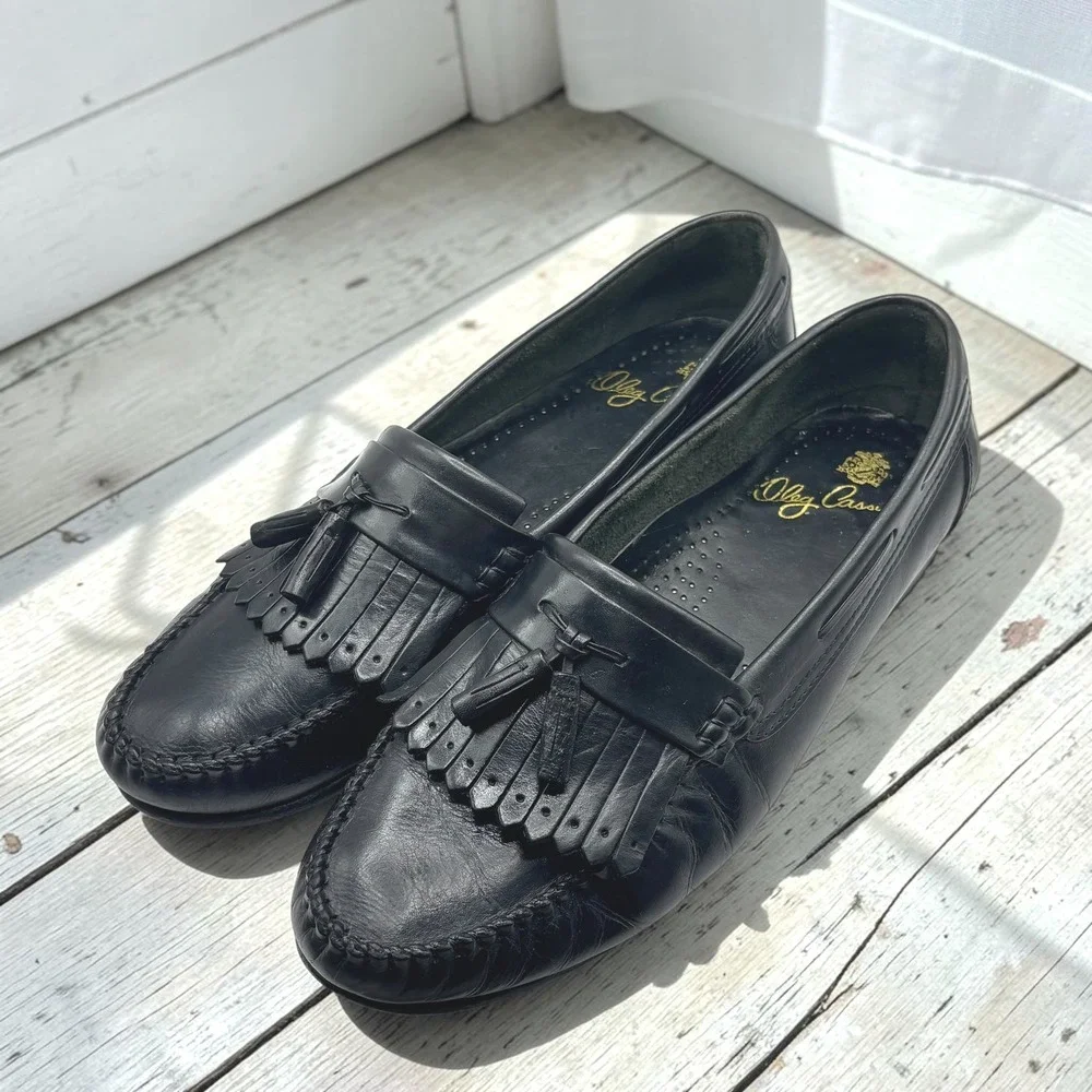 Vintage Kiltie Tassel Loafers Oleg Cassini 10.5M Black Leather Fremont Brazil